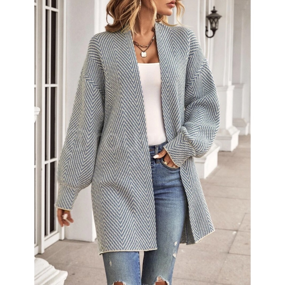 Knit Chevron Open Cardigan Bishop Sleeves Hip Length Dusty Blue on Off White - Picture 4 of 10